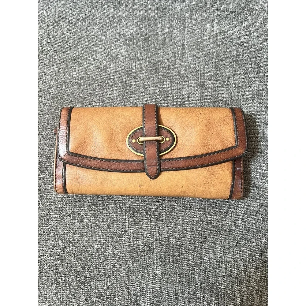 Vintage Fossil 2 Tone Leather Clutch/Wallet Tan & Brown Trifold